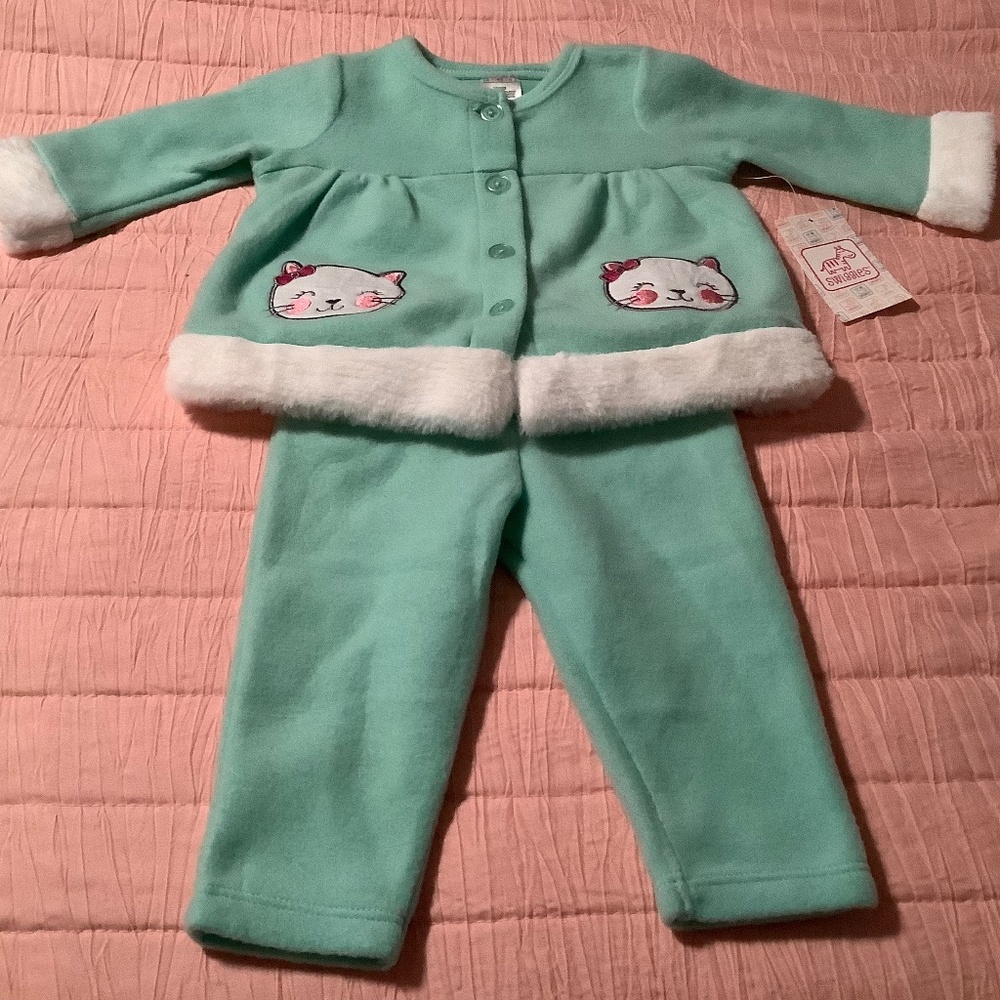 NEW NWT Girls 3-6 Months Kitty Cat Soft Fleece Mint Green 2 Pc Outfit SWIGGLES